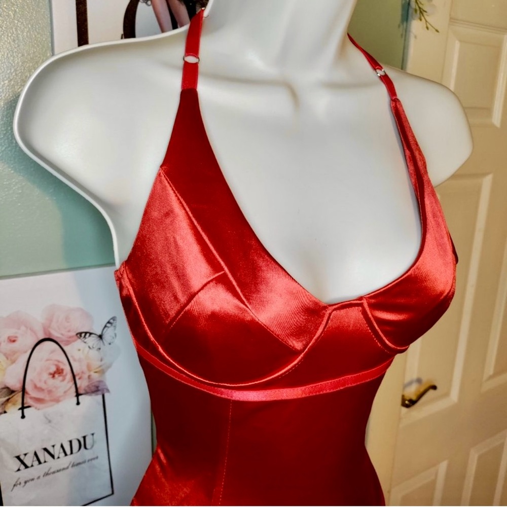 Warm Red Satin Sexy Bodysuit Size L
